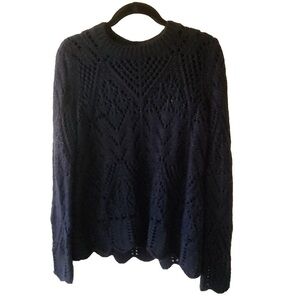 LOFT Blue Open Knit Crew Neck Sweater Acrylic/Wool XL Scalloped Hem/Cuffs